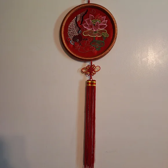 Red Embroidered Wall Hanging with Fish and Lotus